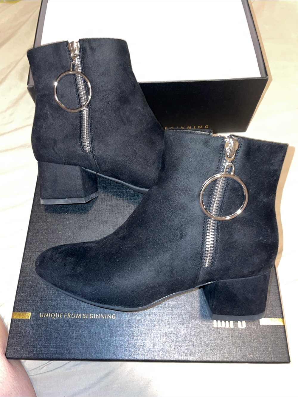 IDIFU Black Suede Ring-Zip Block Heel Ankle Boots